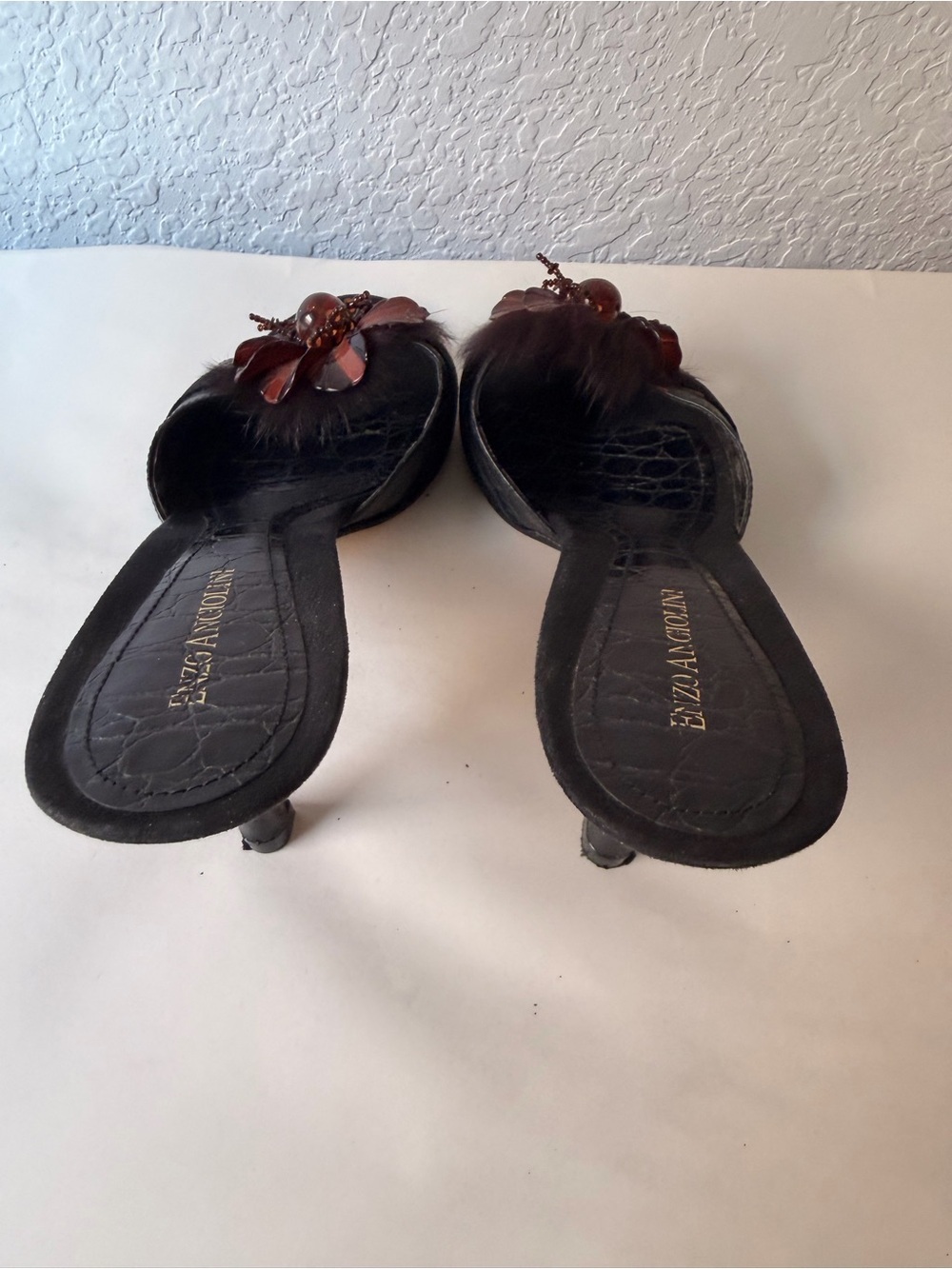 Vintage Enzo Angiolini Black Croc Embossed Mule Heels | Feather Floral Toe EUC - Picture 5 of 9
